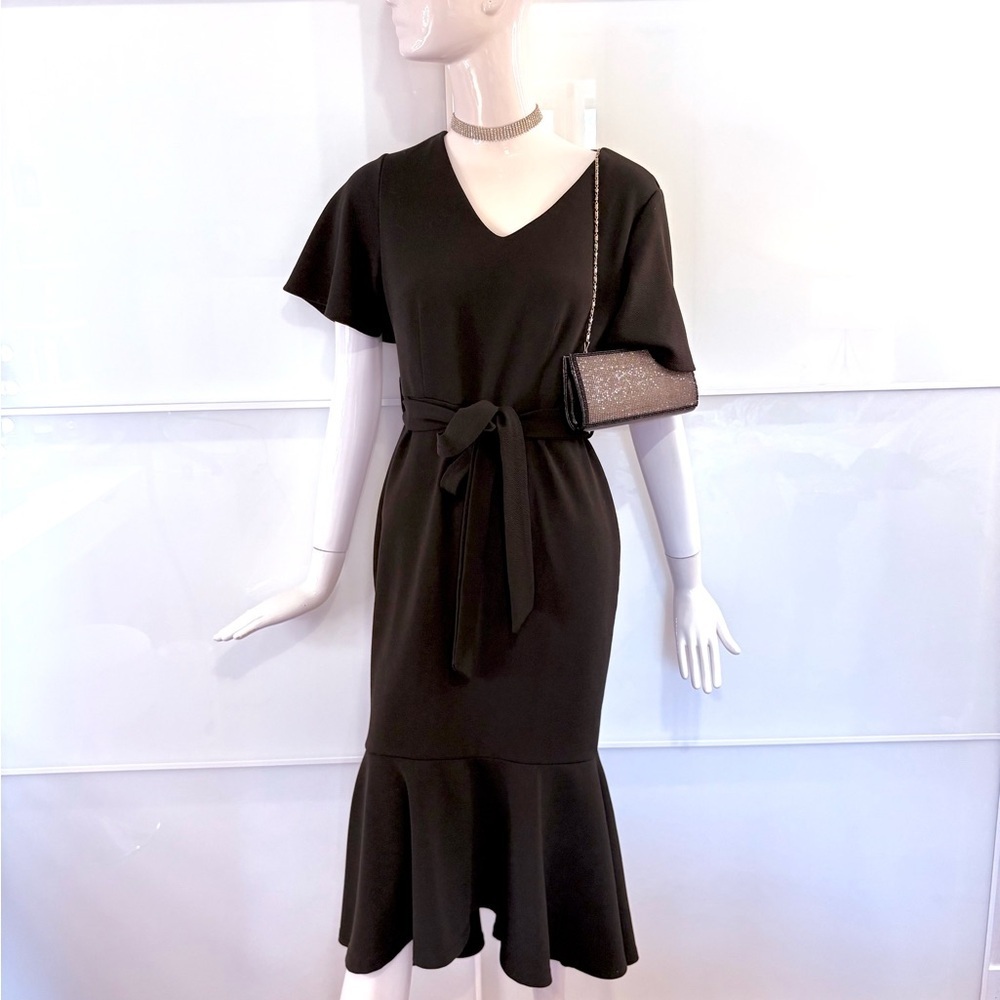 Black Midi Dress Chic Cocktail Fishtail V Neck Flutter Sleeve Evening Sz Medium